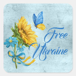 Blue Free Ukraine Sunflower & Butterfly Square Sticker