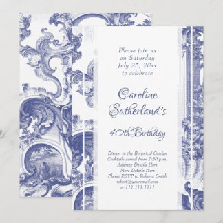 Blue French Baroque Toile Birthday Party Invitation
