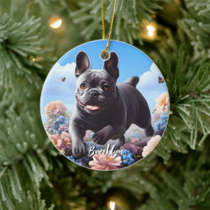 Blue French Bulldog & Flowers Ceramic Tree Decoration