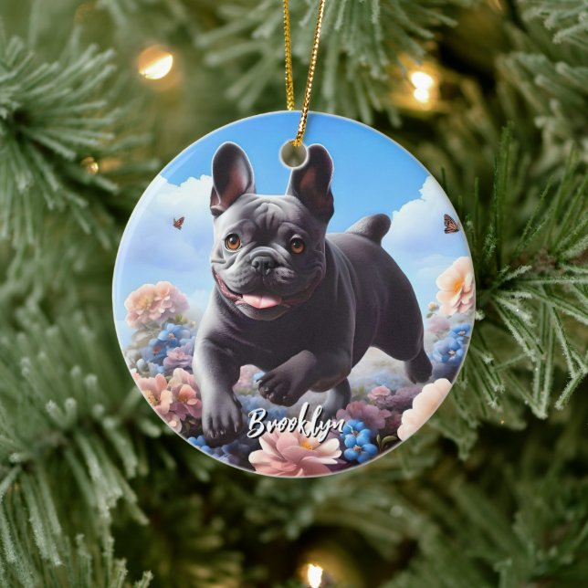 Blue French Bulldog & Flowers  Ceramic Tree Decoration (Tree)