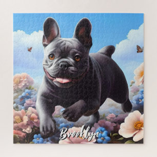 Blue French Bulldog & Flowers Jigsaw Puzzle