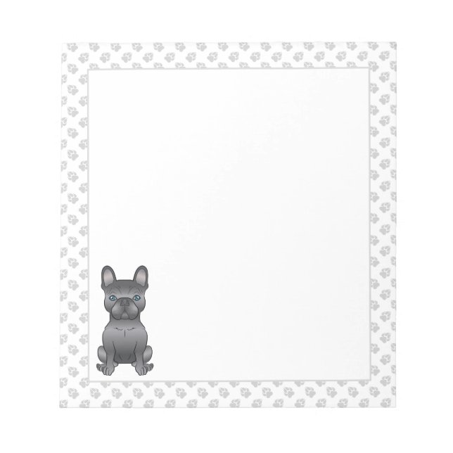 Blue French Bulldog / Frenchie Cartoon Dog & Paws Notepad (Front)