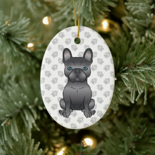 Blue French Bulldog / Frenchie Cartoon Dog & Text Ceramic Tree Decoration