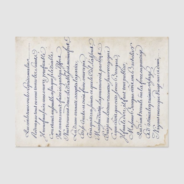 Blue French Calligraphy Vintage Script Parchment  Tissue Paper (Front)