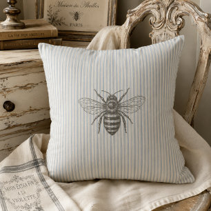 Blue French Country Bee   Vintage Stripe Farmhouse Cushion