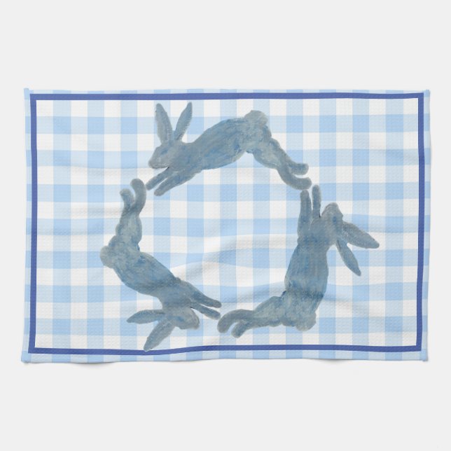 Blue French Country Bunny Rabbit Tea Towel (Horizontal)