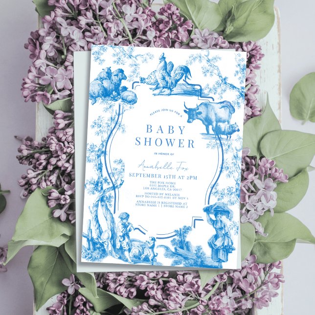 Blue French Country Farm Animal Boy Baby Shower Invitation (Creator Uploaded)