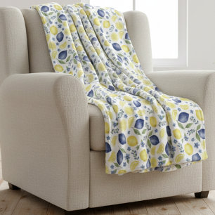 Blue French Country Lemon Pattern Fleece Blanket