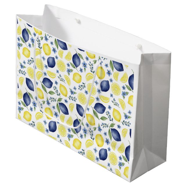 Blue French Country Lemon Pattern Large Gift Bag (Front Angled)