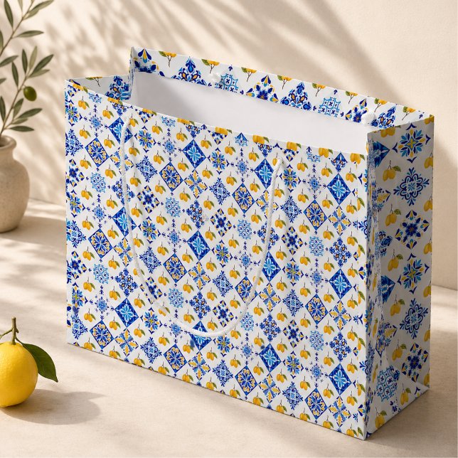 Blue French Country Lemon Pattern  Large Gift Bag (Creator Uploaded)