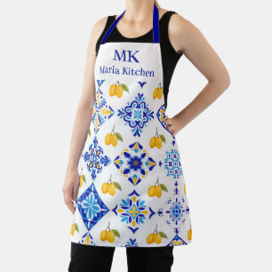 Blue French Country Lemon Pattern Monogram Name Apron