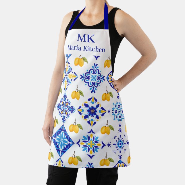 Blue French Country Lemon Pattern Monogram Name Apron (Insitu)