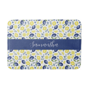Blue French Country Lemon Pattern Monogram Name Bath Mat
