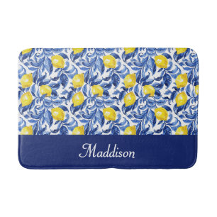 Blue French Country Lemon Pattern Monogram Name Bath Mat
