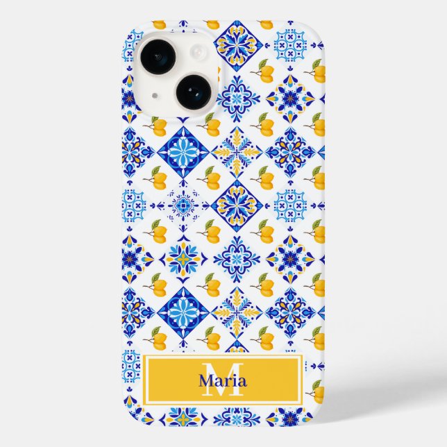 Blue French Country Lemon Pattern Monogram Name Case-Mate iPhone Case (Back)