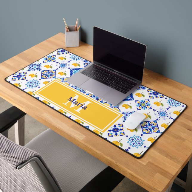 Blue French Country Lemon Pattern Monogram Name Desk Mat (Office 2)