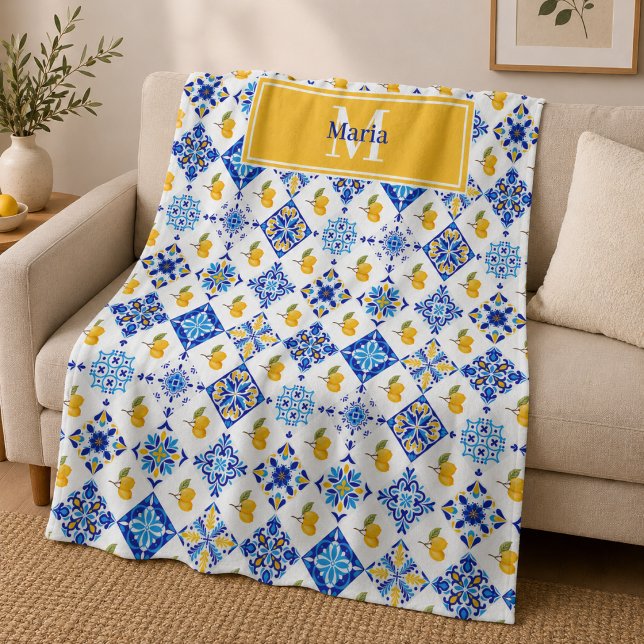 Blue French Country Lemon Pattern Monogram Name Fleece Blanket (Creator Uploaded)