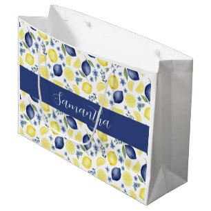 Blue French Country Lemon Pattern Monogram Name  Large Gift Bag