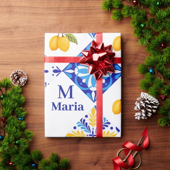 Blue French Country Lemon Pattern Monogram Name Wrapping Paper (Holiday Gift)