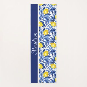 Blue French Country Lemon Pattern Monogram Name Yoga Mat