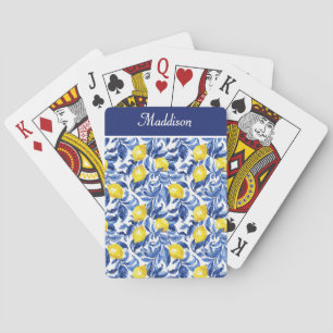 Blue French Country Lemon Pattern Monogram Playing Cards