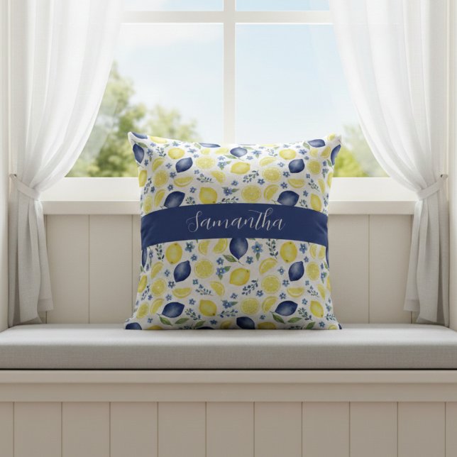 Blue French Country Lemon Pattern Name Cushion (Creator Uploaded)