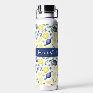 Blue French Country Lemon Pattern Name Water Bottle