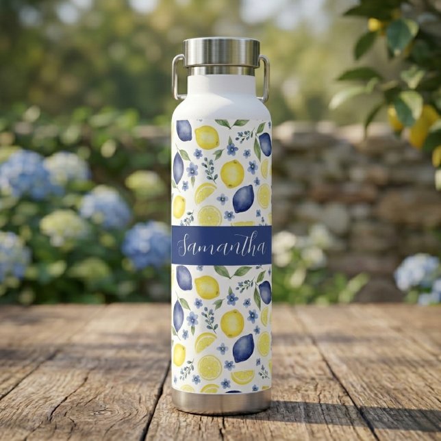 Blue French Country Lemon Pattern Name Water Bottle (Creator Uploaded)