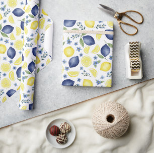 Blue French Country Lemon Pattern Wrapping Paper