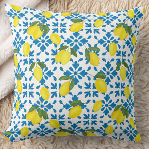 Blue French Country Lemon Watercolor Cushion