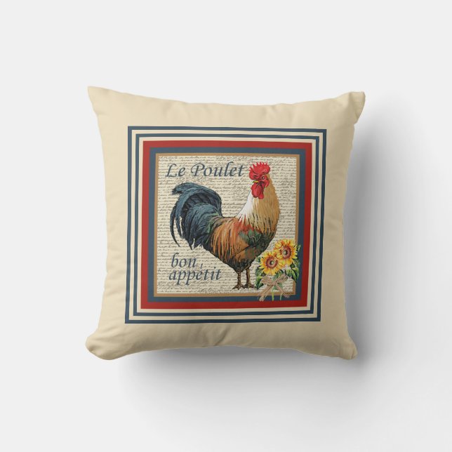 Blue French Country Rooster Cushion (Front)