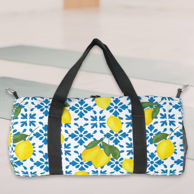 Blue French Country Tile Lemons Pattern Duffle Bag (Creator Uploaded)