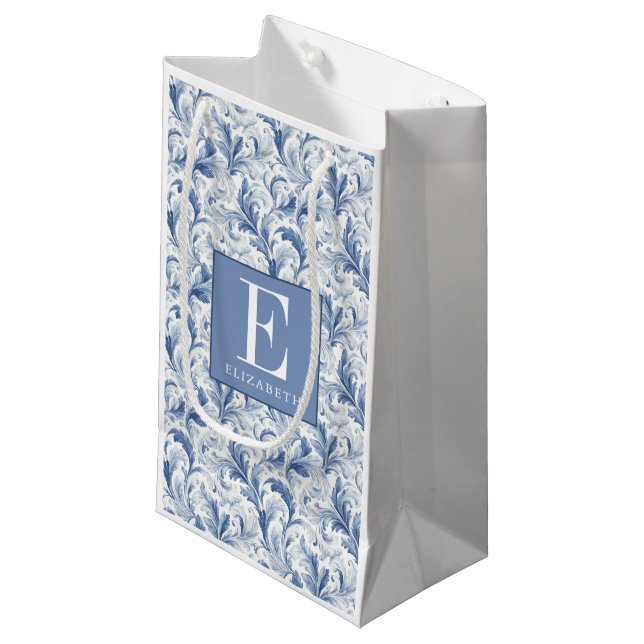 Blue French Country Toile Pattern Monogram Small Gift Bag (Front Angled)