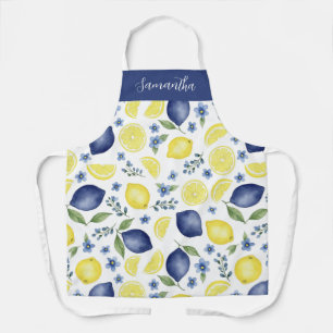 Blue French County Lemon Pattern Monogram Name Apron