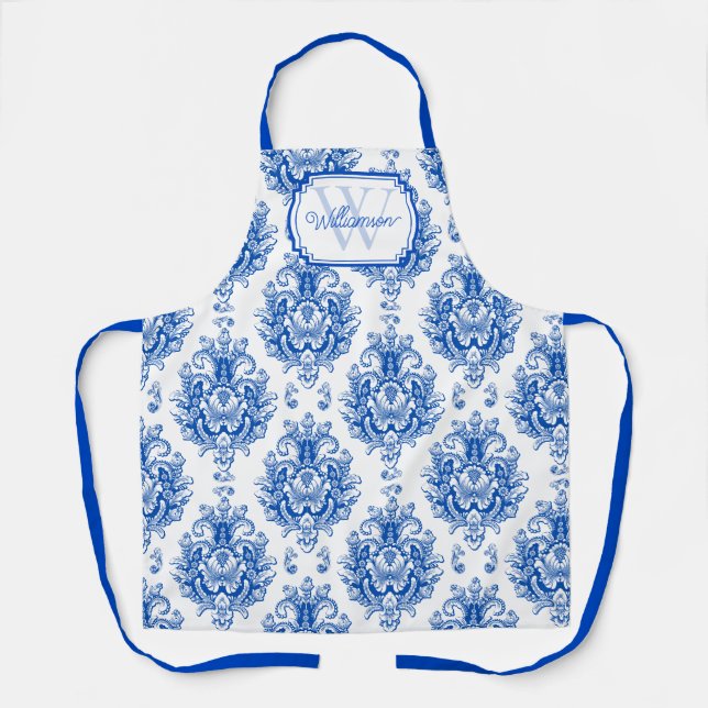 Blue French Damask Toile Pattern Monogram Name Apron (Front)