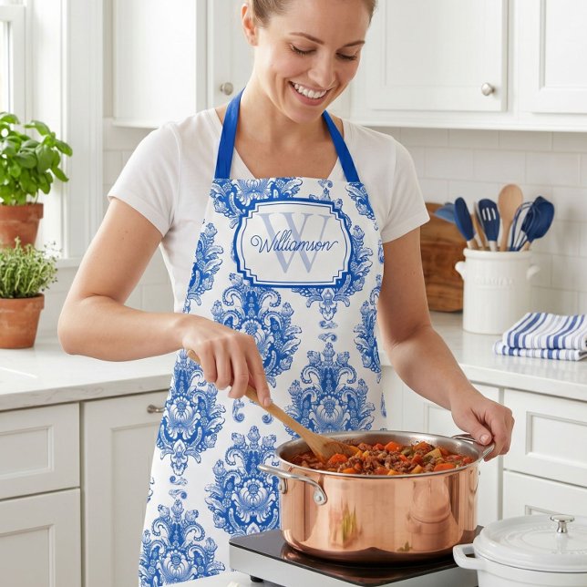 Blue French Damask Toile Pattern Monogram Name Apron (Creator Uploaded)