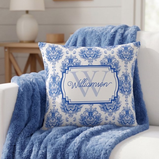 Blue French Damask Toile Pattern Name Monogram Cushion (Creator Uploaded)