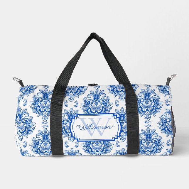 Blue French Damask Toile Pattern Name Monogram Duffle Bag (Front)