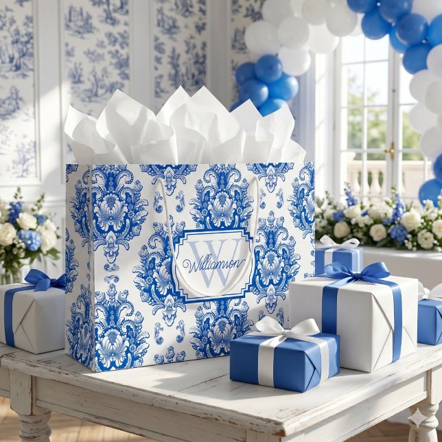 Blue French Damask Toile Pattern Name Monogram Large Gift Bag (Creator Uploaded)