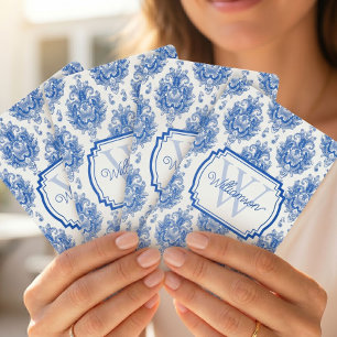 Blue French Damask Toile Pattern Name Monogram Playing Cards
