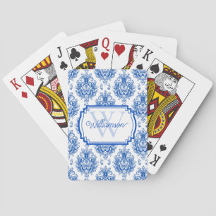 Blue French Damask Toile Pattern Name Monogram Playing Cards