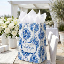 Blue French Damask Toile Pattern Name Monogram