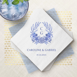 Blue French Floral Crest Wreath Monogram Wedding Napkin