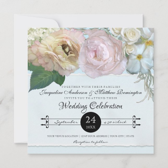 Blue French Floral Flower Peony Typography Wedding Invitation (Front)