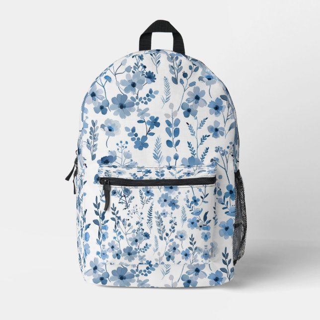 Blue French Floral  Printed Backpack (Front)