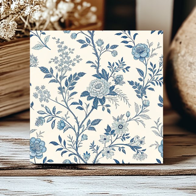 Blue French Floral Toile de Jouy Pattern  Tile (Creator Uploaded)