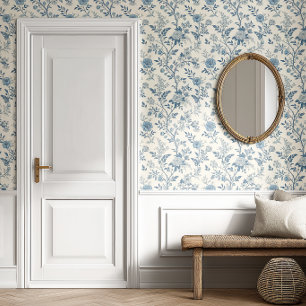 Blue French Floral Toile de Jouy Pattern Wallpaper