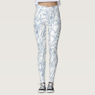 Blue French Floral Toile Pattern Leggings
