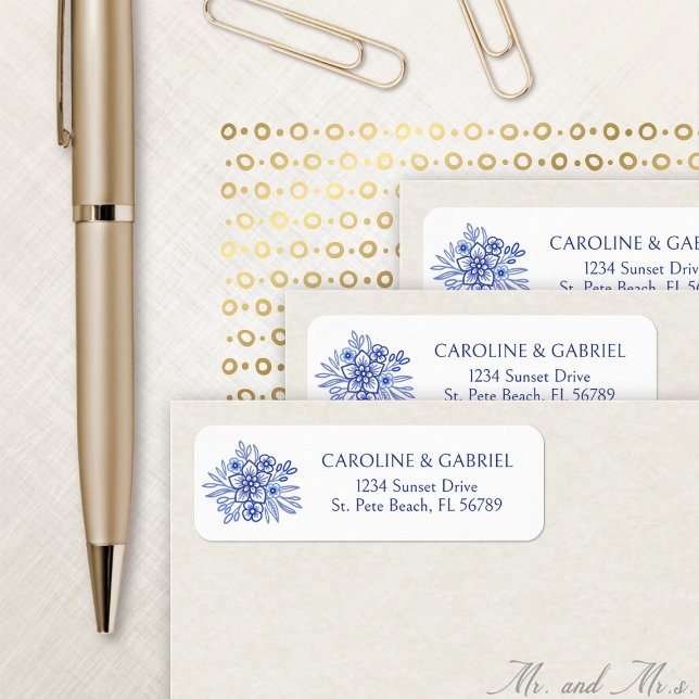 Blue French Floral Wedding Address Label (Creator Uploaded)