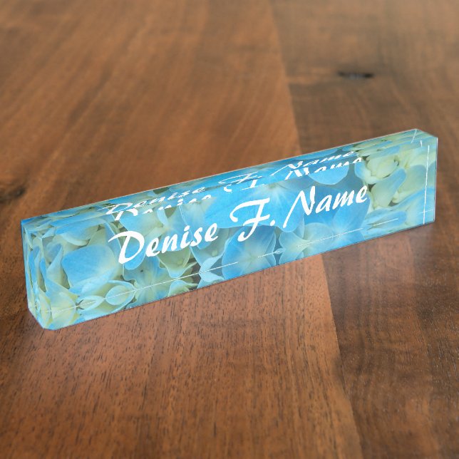 Blue French Hydrangea Personalised Floral Nameplate (Side)
